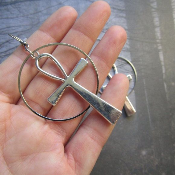 Ankh hoop Earrings Big Statement Dangle Silver Color - Picture 2 of 3